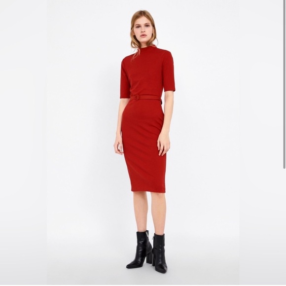 Red Zara mock neck midi dress with belt Size Small - Picture 1 of 8